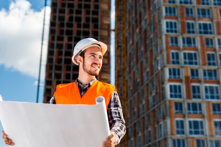 vista de ángulo bajo de tiro medio del arquitecto mirando a otro lado